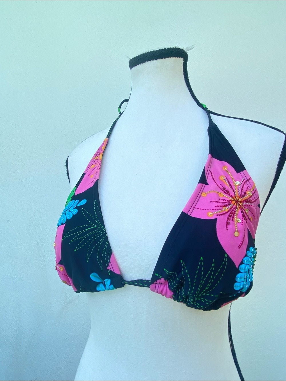 Y2K Black Multicolor Beaded Floral Bikini Top Size S/M